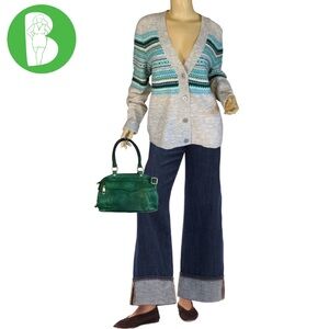 TALBOTS GRAY, BLUE & GREEN "SNOWFLAKE FAIR ISLE" KNIT CARDIGAN SWEATER (L)